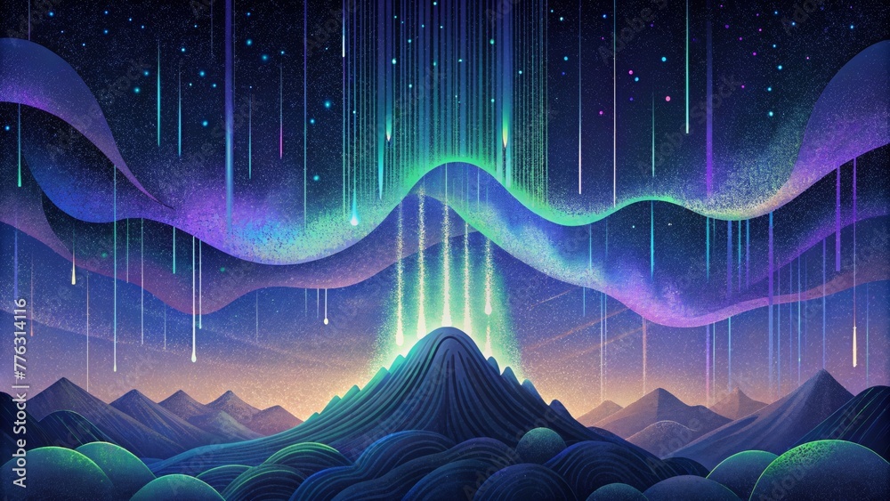Poster gossamer threads of light cascading through the night sky reminiscent of the vibrant hues of an auro