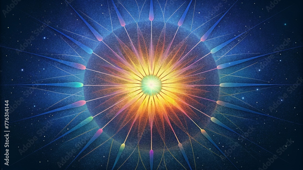 Poster radiant spokes of prismatic light reaching out and intertwining in a cosmic dance.
