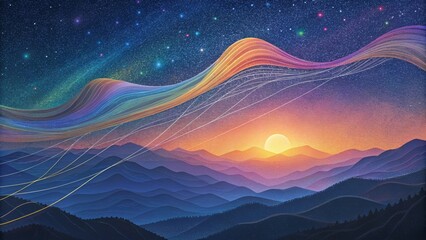 Delicate threads of iridescent color delicately dancing and weaving across the horizon like a celestial symphony. - obrazy, fototapety, plakaty
