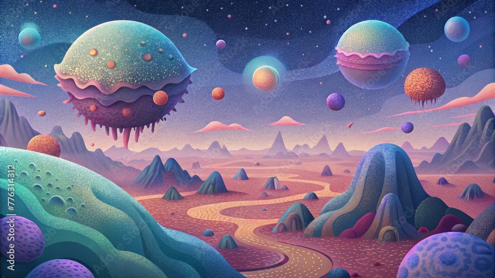Poster An otherworldly landscape of floating cells and bacteria with vibrant patterns and textures reminiscent of an alien planet.