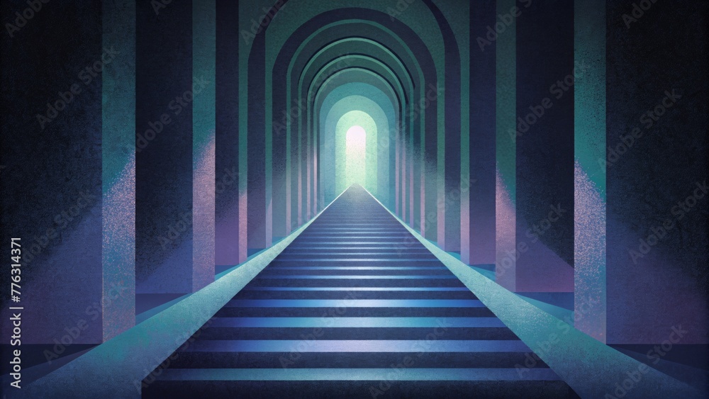 Poster strips of light and dark shades form a tunnellike passage hinting at a passage through the veil betw