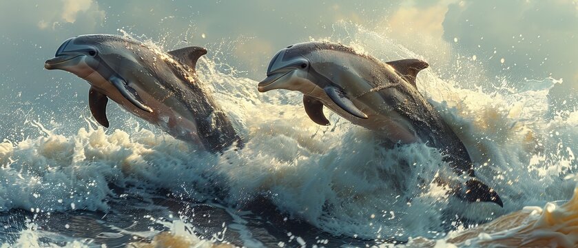 Background photo of marine wildlife jumping over sea waves - three bottlenose dolphins
