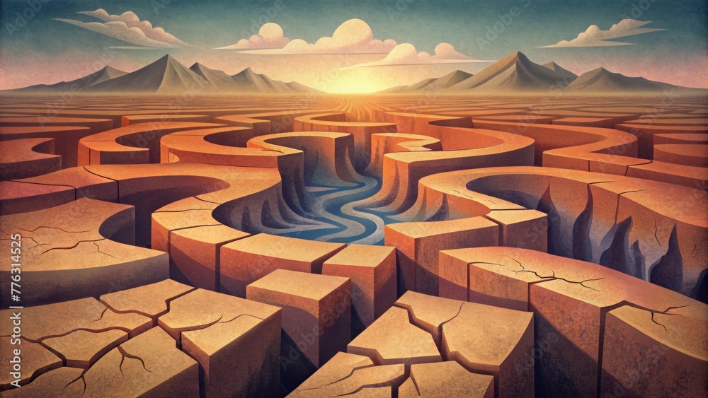 Fototapete a labyrinth of fault lines intertwining and dividing the cracked terrain.