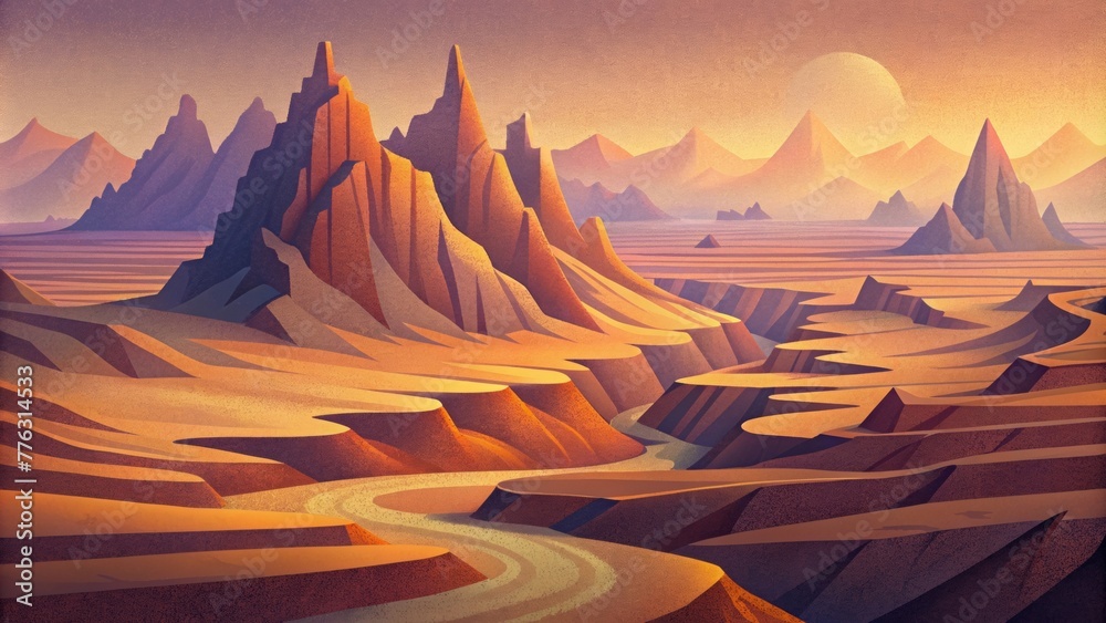 Poster Jagged edges and deep valleys sculpted into the desiccated earth.