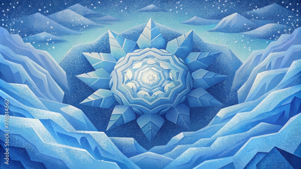 Poster a frozen sea of fractals like a blizzard frozen in time with each flake reflecting a different hue o