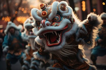 Chinese Martial dragon dances in city religious culture chinese new year day concept Generative AI - obrazy, fototapety, plakaty