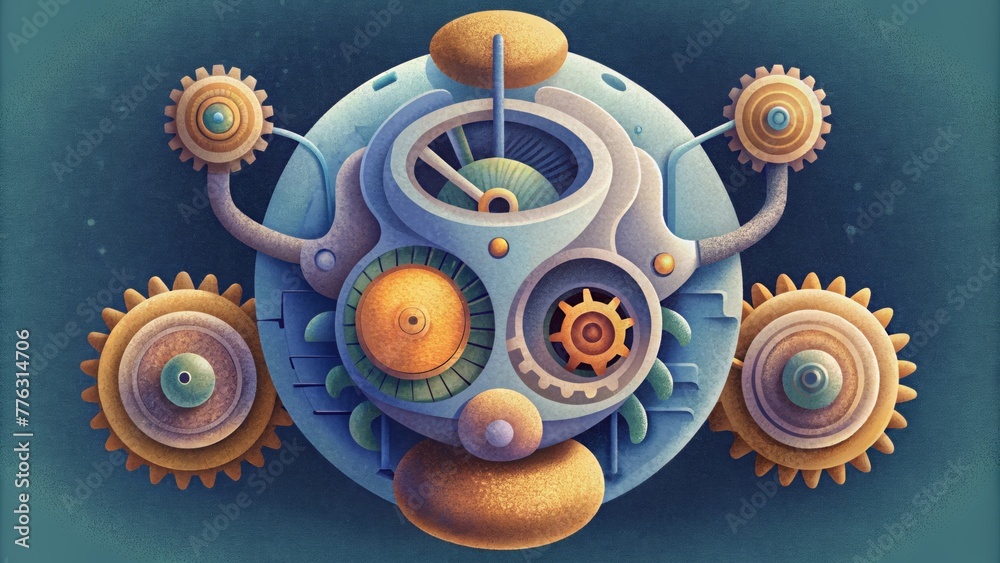 Poster A digitalized representation of a mechanical organism with interlocking gears and parts functioning as its inner workings.