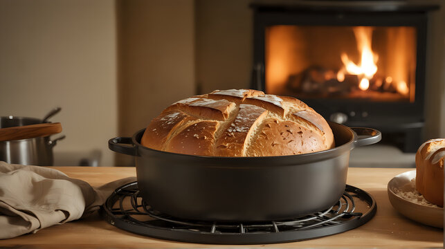 A freshly baked, crusty loaf of bread rises out of a round, black Dutch oven on a counter, with the warm glow of a fireplace in the background