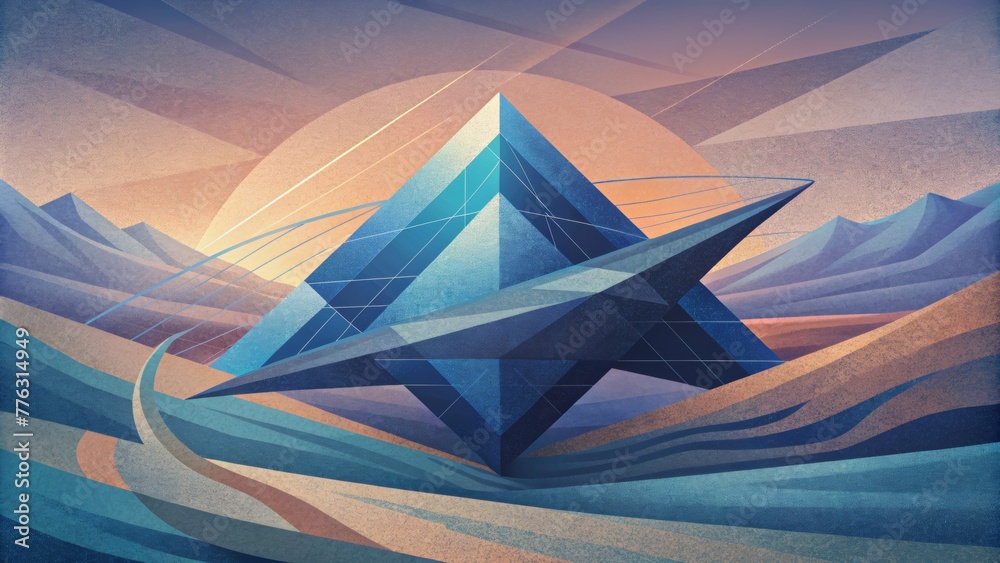 Poster An abstract landscape of angular planes and intersecting lines inviting the viewer to imagine the forces at work in angular momentum.