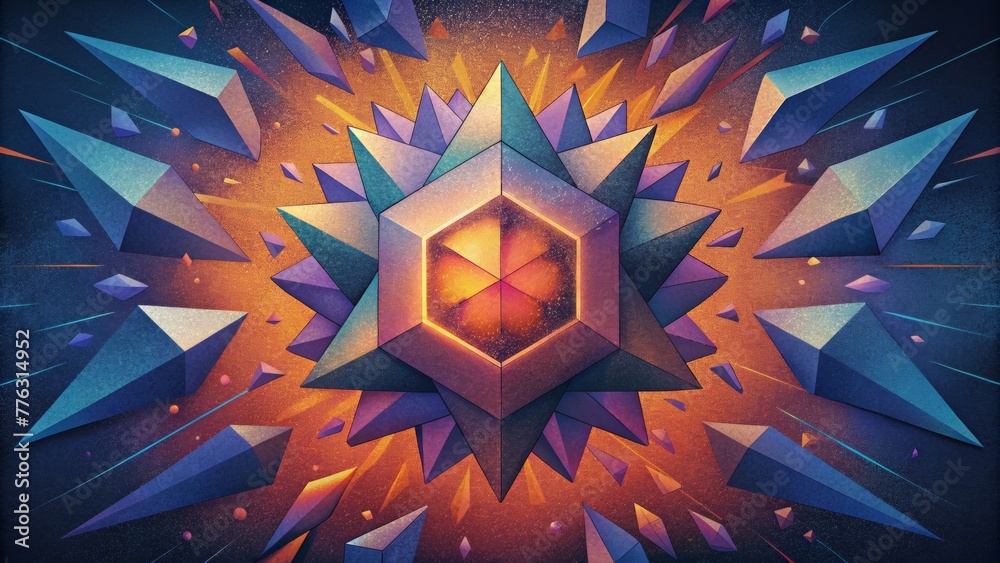 Poster A chaotic explosion of fragmented shapes and bold hues conveying the unpredictable and powerful nature of angular momentum.