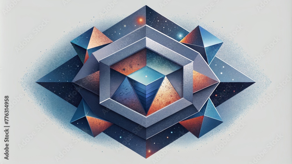 Poster A multilayered collage of angular fragments and overlapping shapes representing the complex and everchanging nature of angular momentum.