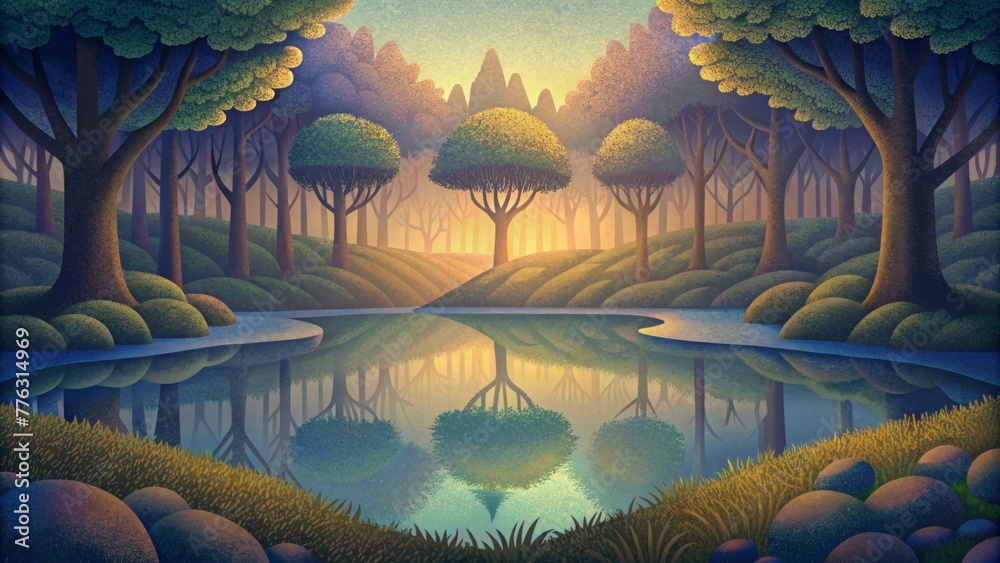 Poster Dappled light dances upon the surface of a tranquil pond creating a mesmerizing reflection of the surrounding trees.