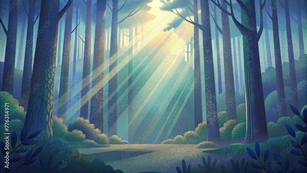 Poster In this abstract image soft beams of dappled light break through the dense forest creating a feeling of serenity and mystery.