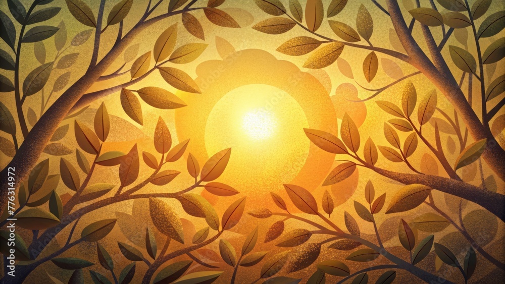 Poster The warm golden hues of the sun are fragmented and tered by the interplay of branches and leaves creating a mesmerizing display of dappled