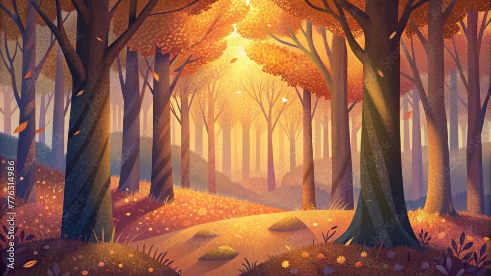 Poster The shimmering leaves of an autumn forest are bathed in a soft glow of dappled light evoking feelings of nostalgia and warmth.