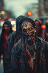 Selective focus of Zombies are walking on the city streets.