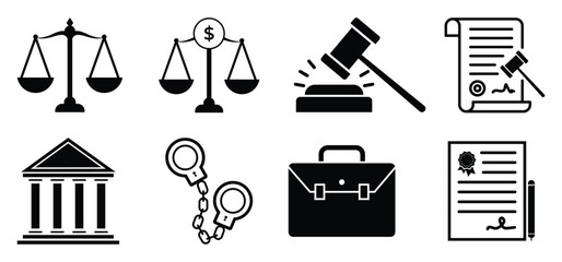  Justice and investigations, crime, law icons vector illustrations.
