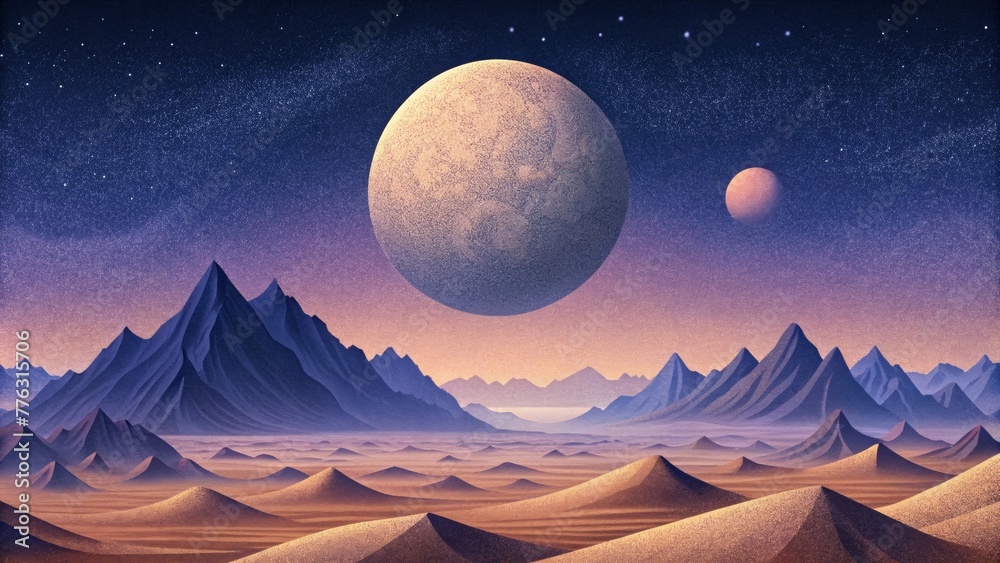 Aufkleber a stark contrast of smooth flat lunar plains against the dramatic rugged peaks of a distant mountain