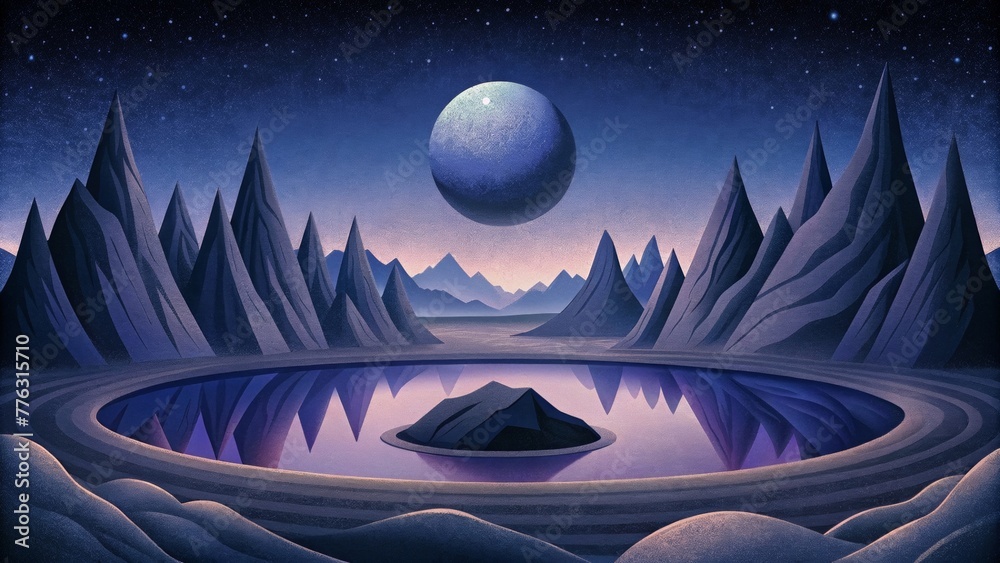 Poster a surreal scene of tranquil lunar mountains reflected in a still pool of dark mysterious liquid.