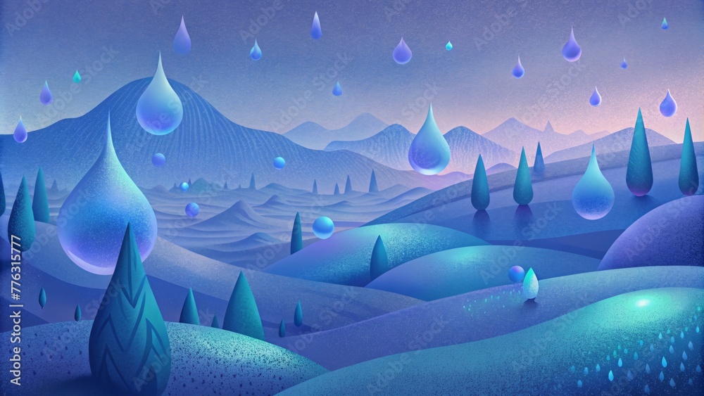 Poster softly glowing digital dewdrops tered across a cooltoned landscape creating a serene and dreamlike a