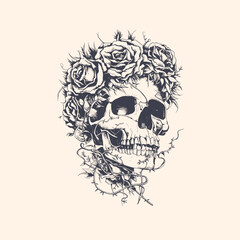 Detailed human skull with flowers and vines