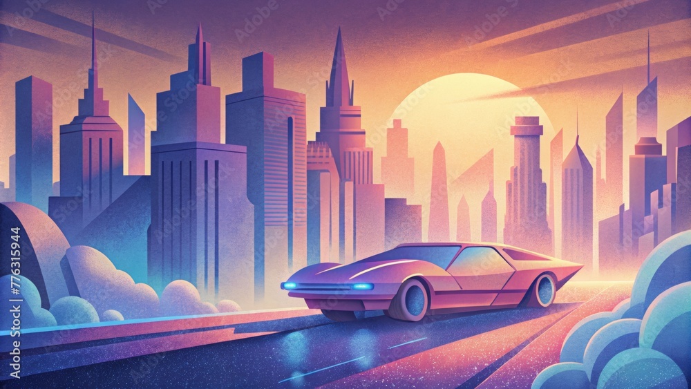 Poster a retroinspired car speeds through a sleek futuristic city capturing the rhythm of retrofuturism in 
