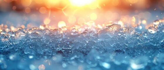An abstract winter background featuring frozen water, ice on glass, and bright sunlight - obrazy, fototapety, plakaty