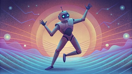 A robotic figure grooves to a catchy beat bouncing between throwback elements and futuristic features with hypnotic rhythm.