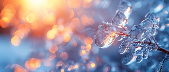 The winter background consists of ice on glass, frozen water, and bright sunlight