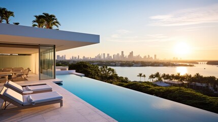 Obraz premium Modern villa with a private rooftop infinity pool overlooking the Miami skyline in Florida