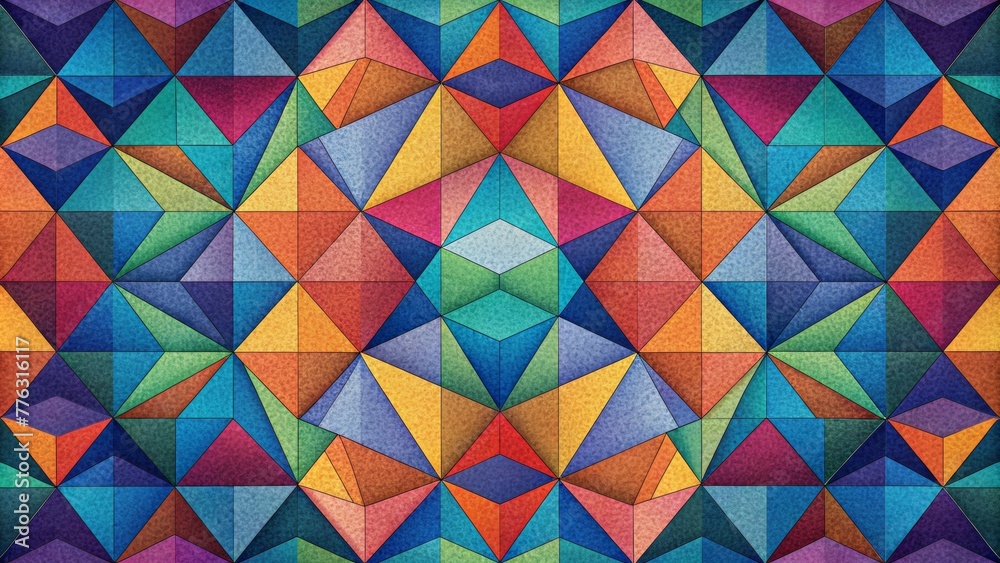 Poster A symphony of vibrant triangles squares and circles arranged in a mosaiclike pattern reminiscent of veneered furniture.
