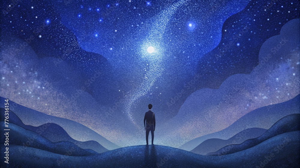Poster a night sky tered with stars and a lone figure gazing upwards hinting at the idea of traveling beyon