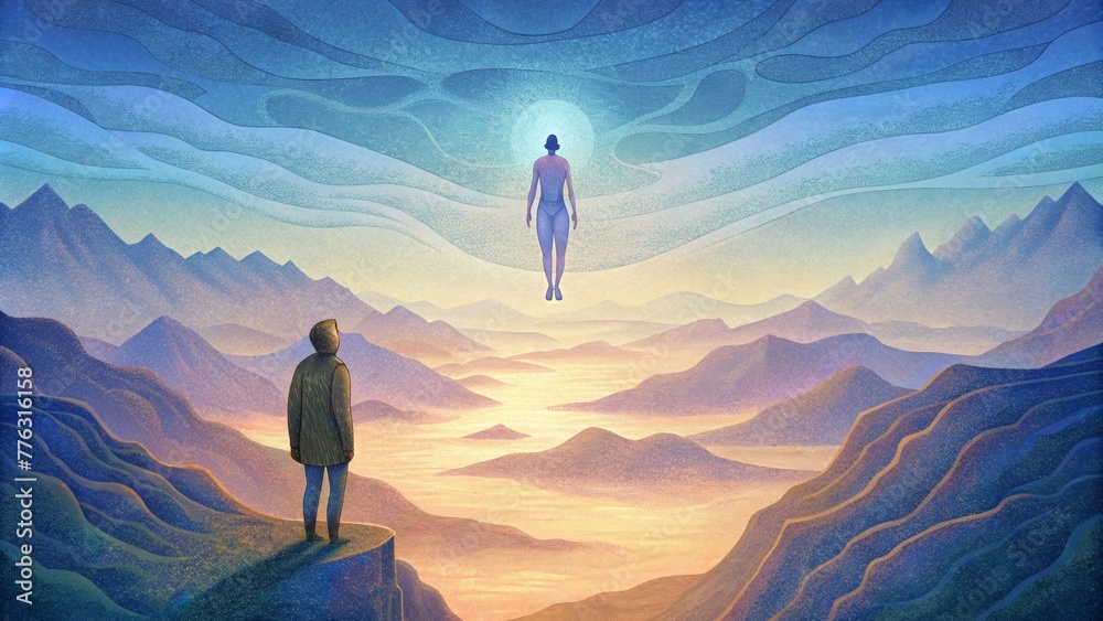 Aufkleber A person standing on a cliff overlooking a vast landscape with a duplicate version of themselves floating above representing the dual existence
