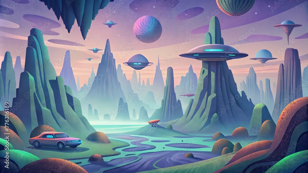 Aufkleber An otherworldly landscape is filled with hovering cars and holographic billboards all pulsating to the rhythm of retrofuturistic technology.