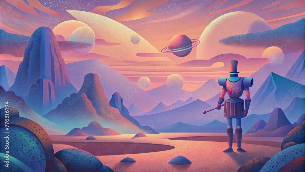 Poster The steady beat of a drum echoes through a retrofuturistic landscape showcasing the fluid interchange between past and future in rhythmic