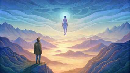 A person standing on a cliff overlooking a vast landscape with a duplicate version of themselves floating above representing the dual existence - obrazy, fototapety, plakaty
