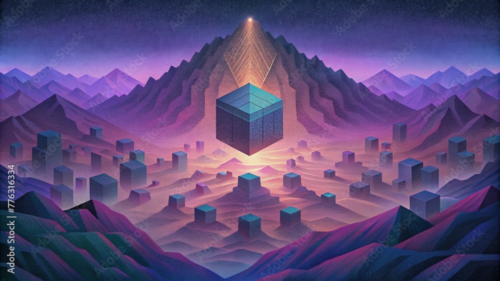 Fototapete a digital landscape of pixelated squares constantly morphing and shifting in a digital spectral shif