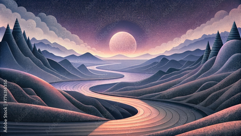 Poster a monochromatic landscape that twists and turns with shades of light and dark evoking a mesmerizing 