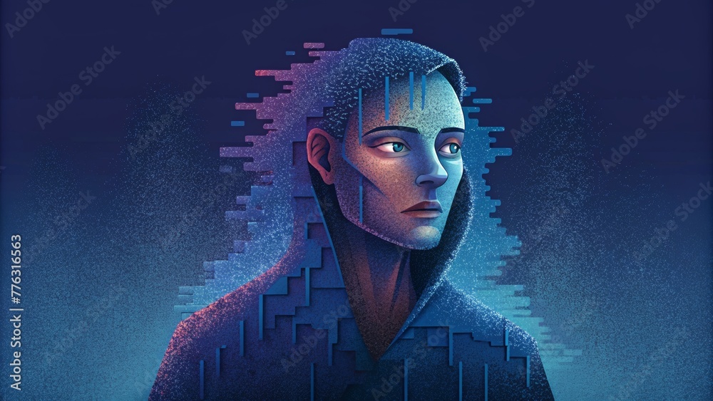 Fototapete a glitched portrait of a person transforms into a pixelated storm of fragmented data.
