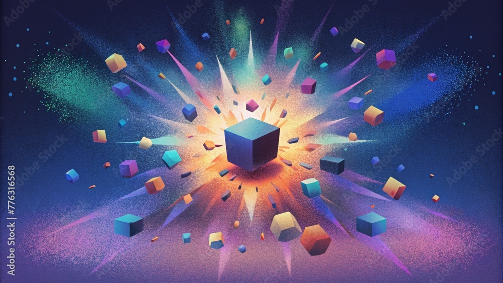 Poster A digital explosion of fragmented images bursts forth engulfing the screen in a swarm of colorful pixels.