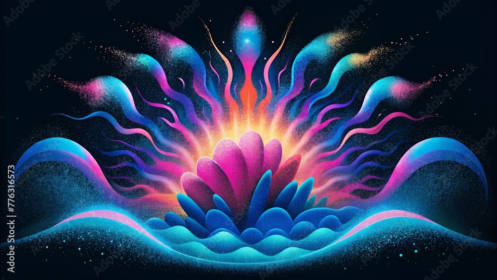 Poster an abstract explosion of neon retro waves crashing against a black background.
