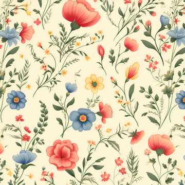 Seamless floral pattern. Colorful flowers and leaves on a light background.