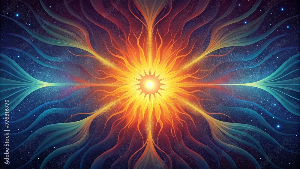 Poster a burst of vibrant energy erupting from a central point spreading and expanding in all directions.