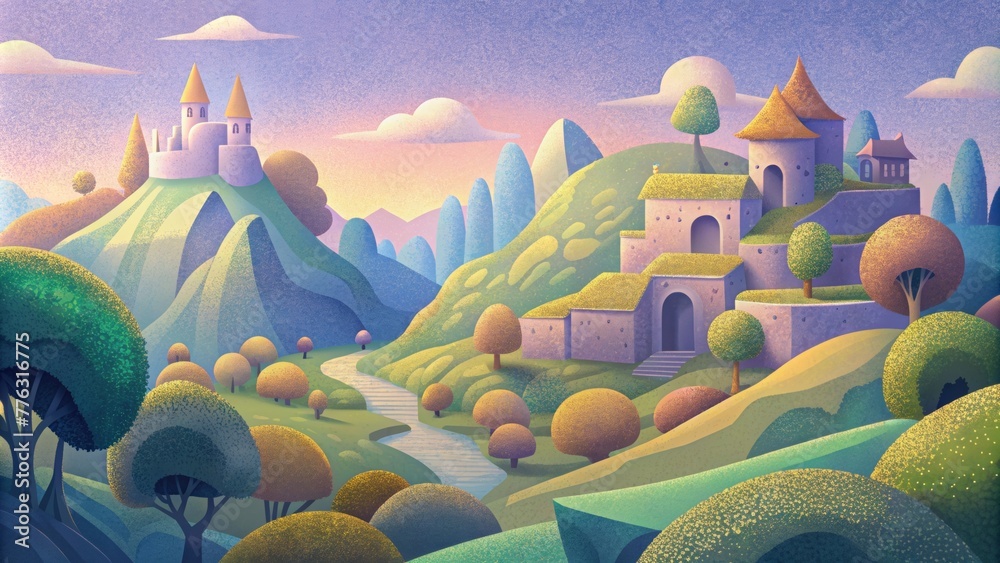 Poster a whimsical landscape reminiscent of a childhood video game filled with blocky trees rolling hills a