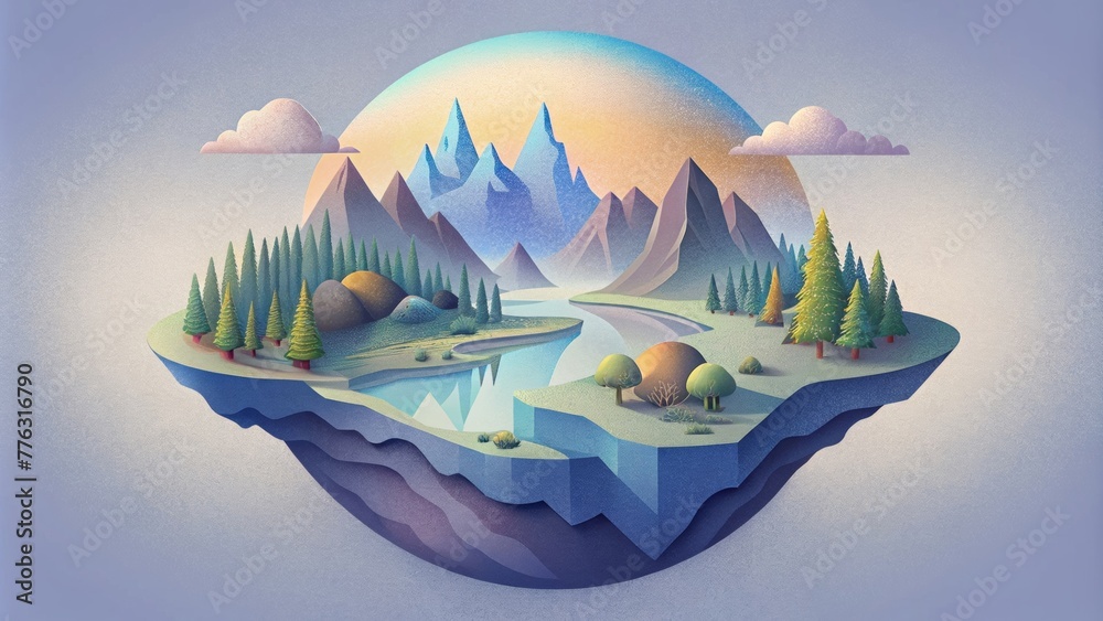 Aufkleber A fragmented world where mountains rivers and trees are simplified into pixelated shapes creating a dreamlike and surreal atmosphere.