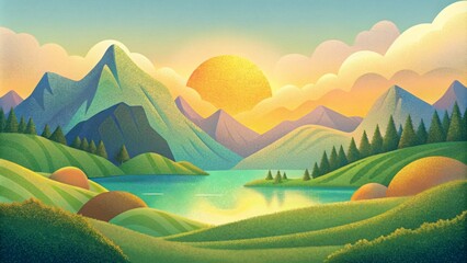 A peaceful countryside with rolling green hills a tranquil lake and a golden sun all captured through the lens of pixel art. - obrazy, fototapety, plakaty