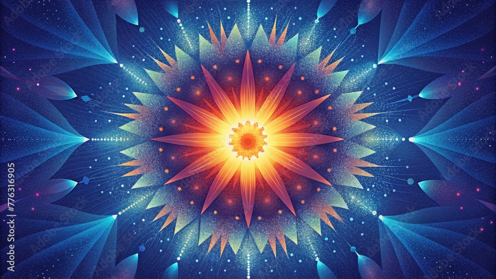 Poster Radiant bursts of light and symmetrical patterns collide in a kaleidoscopic vision resulting in a beautiful chaos.