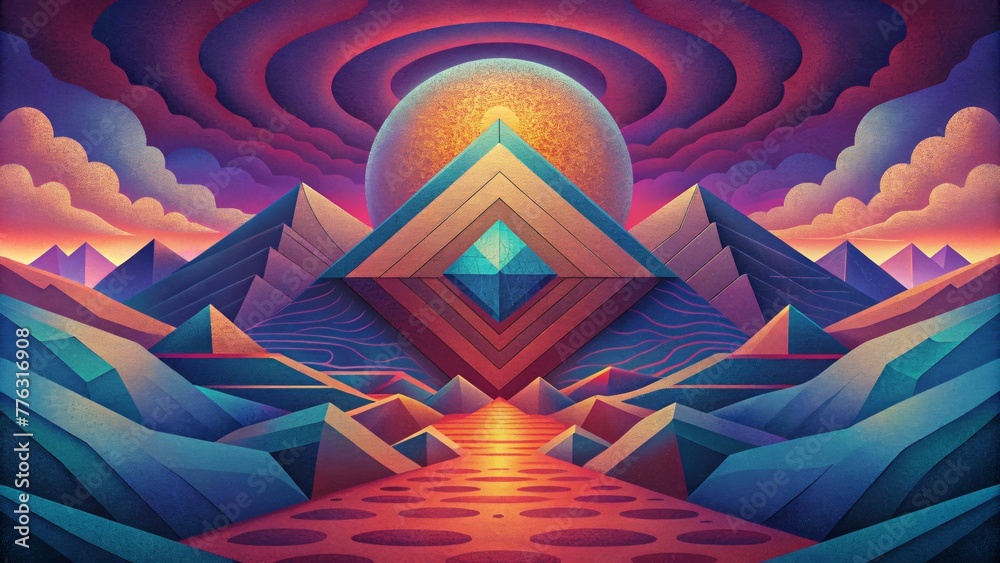 Poster a surreal landscape of geometric patterns and vivid hues come together to form a kaleidoscopic visio
