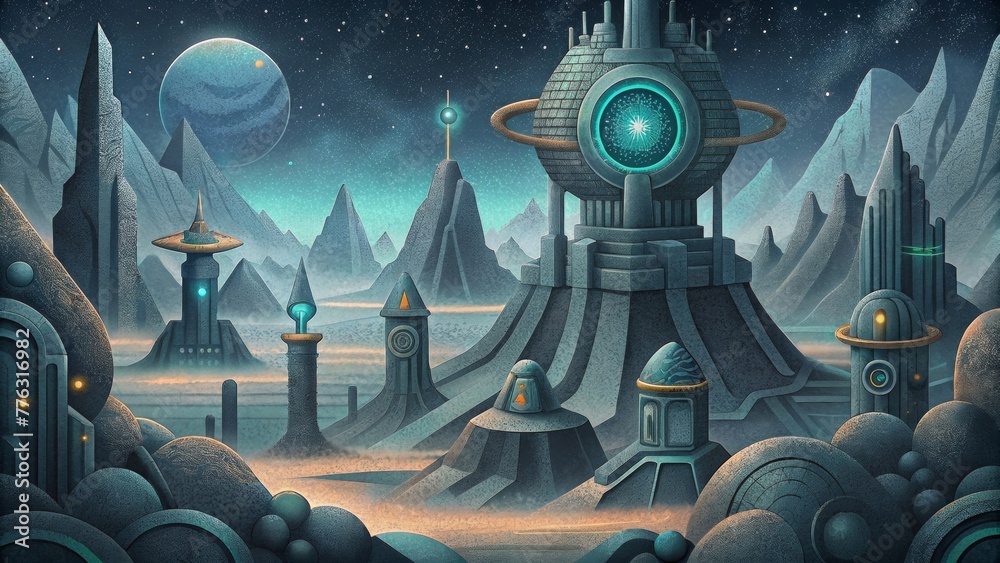 Aufkleber an otherworldly landscape of metallic structures and glowing symbols depicting the inner workings of