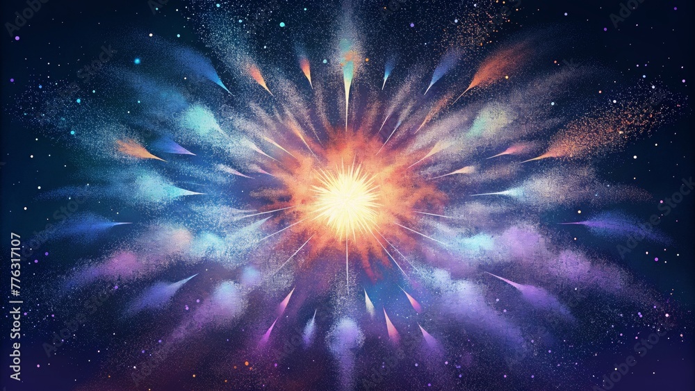Poster a cosmic fireworks display as bursts of dust particles explode and disperse in radiant bursts of col